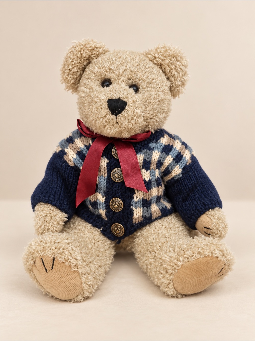 Boyds Bears Teddy Bear in Navy Plaid Knit Cardigan & Burgundy Bow